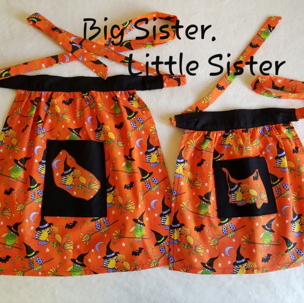 Tricks or Halloween fun  Aprons Big Sis &Lil Sis, Custom-New Girls medium&/small